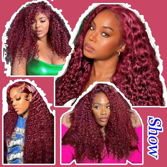 250 Density Burgundy Wig Human Hair 13x4 Deep Wave Lace Front Wigs Human Hair Pre Plucked 99j Burgundy Lace Frontal Wigs Wet and Wavy Curly Wig for Women (18 Inch)