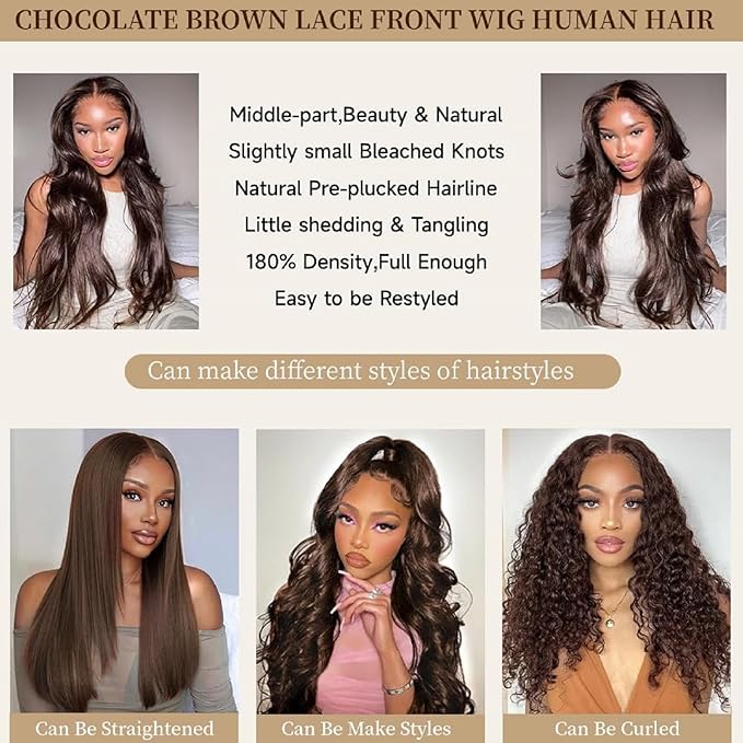 SENSAIRUITE Chocolate Brown Body Wave Lace Front Wigs Human Hair 13x4 Wide Lace 180 Density Human Hair Wigs #4 Frontal Wigs Human Hair Pre Plucked 18 Inches