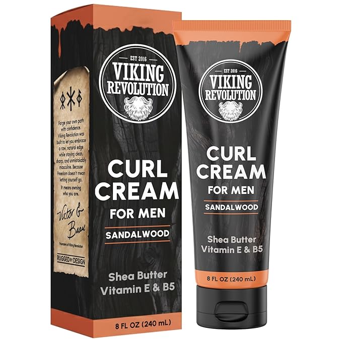 Viking Revolution Hair Curl Cream for Men - Sandalwood Curling Cream with Vitamin E & B5, Shea Butter - Styling Cream for Curly Hair to Enhance, Define and Shape Natural Curls and Wavy Hair (8fl oz)