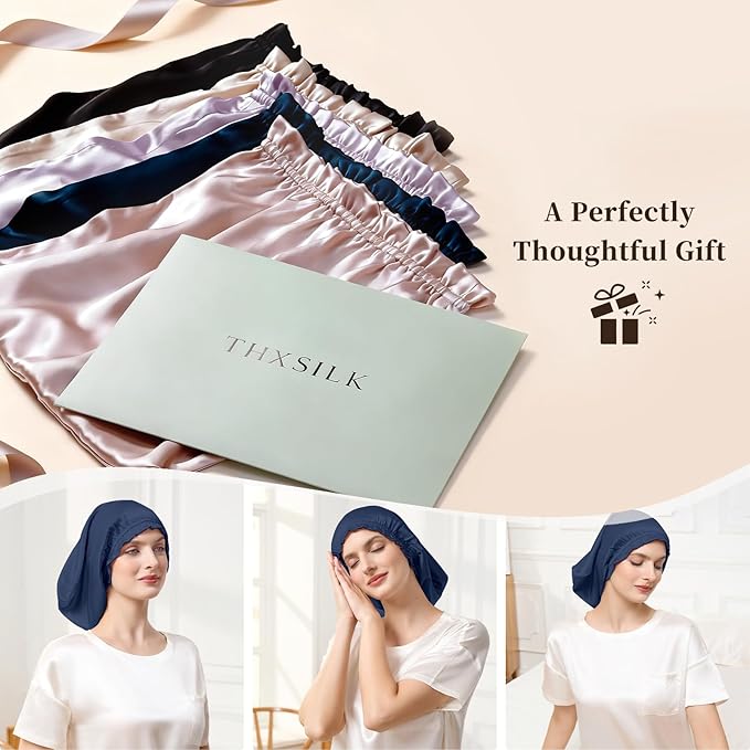 THXSILK 100% Pure Silk Bonnet for Sleeping Women Mulberry Silk Bonnet with Elastic Band Hair for Women Curly Hair Navy Blue