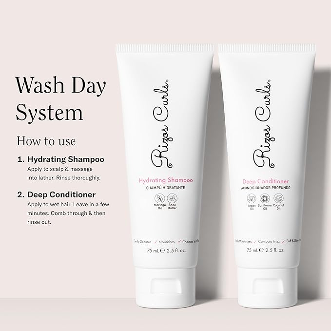 Rizos Curls Travel Wash Day Bundle, Hydrating Shampoo & Deep Conditioner Bundle, Moisturize Scalp, Gently Cleanse and Hydrate Curly Hair