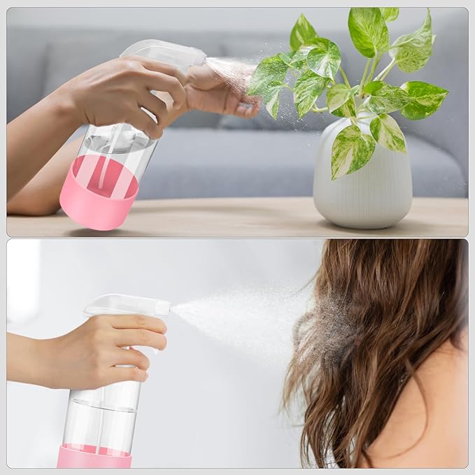 2 Pack Glass Spray Bottles with Silicone Sleeve, 16 oz Empty Refillable Containers with Adjustable Spray Nozzles, Spray Bottles for Hair, Cleaning Solutions and Plants Pink