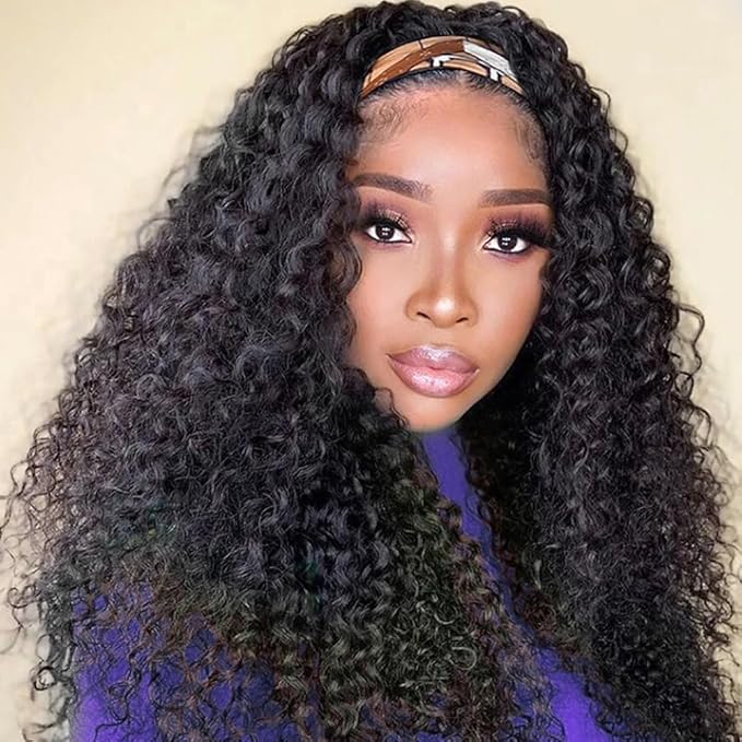 XSY Headband Wig Human Hair Kinky Curly 26 inch Headband Wigs for Black Women Glueless None Lace Front Machine Made Wigs Natural Color 150% Density