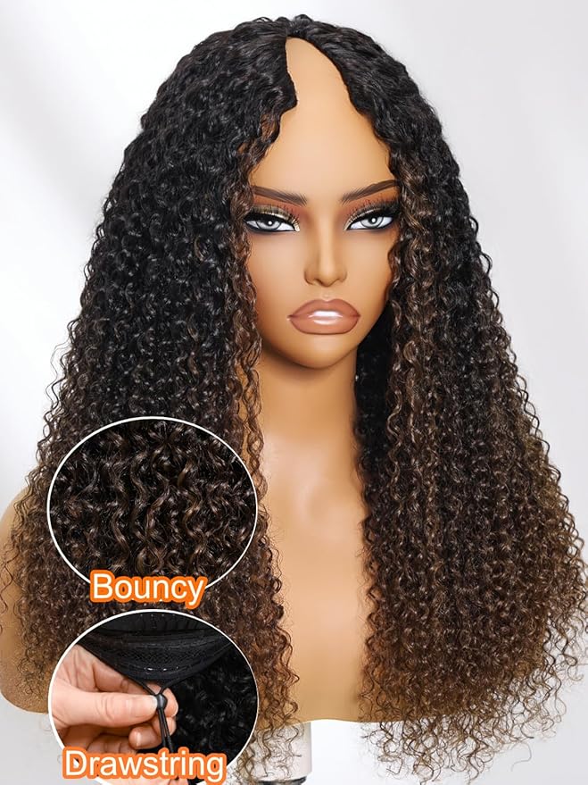 Julia Hair EasiContour V Part Curly Wigs Human Hair 12A Ombre Black to Chestnut Brown Glueless Wigs Clip in Vpart Wig No Leave Out Upgrade U Part Wig Beginner Friendly Ready to Go 16 Inch