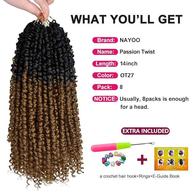 NAYOO Passion Twist Hair - 8 Packs 14 Inch Passion Twist Crochet Hair For Women, Crochet Pretwisted Curly Hair Passion Twists Synthetic Braiding Hair Extensions(14 Inch 8 Packs, OT27)