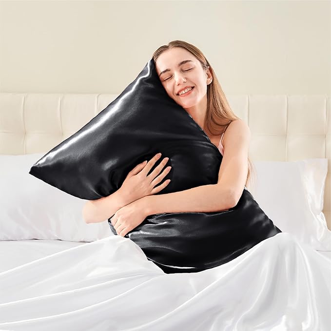 BEDELITE Satin Body Pillow Cover 2 Pack, Super Soft and Cooling Body Pillow Pillowcase for Hair and Skin, Breathable Silky Full Long Pillowcase Cover(20"x54", Black)