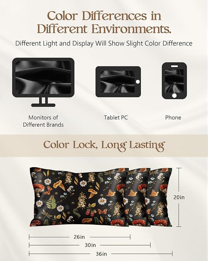 Silk Pillowcase 2 Pack - Pillow Cases 20" x 30" Queen Size Set of 2 for Hair and Skin Smooth Soft Breathable with Hidden Zipper Cooling Pillow Covers for Sleeping,Mushroom Plants