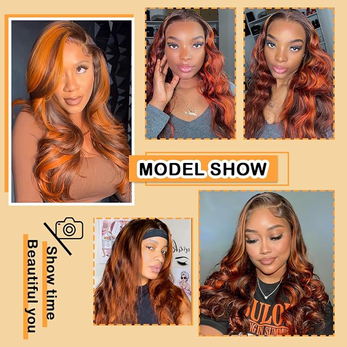 Ginger Highlight Body Wave Lace Front Wigs Human Hair 13x4 Ombre Brown HD Transparent Lace Front Wig Human Hair for Women P4/350 Highlight Ombre 180% Density Glueless Wig 26Inch