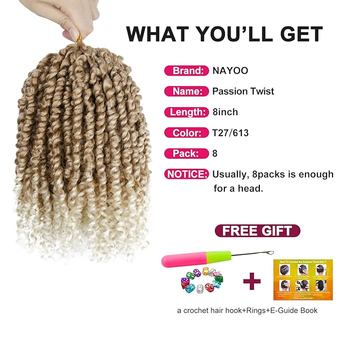Passion Twist Hair For Kids - 8 Packs 8 Inch Passion Twist Crochet Hair For Women, Crochet Pretwisted Curly Hair Passion Twists Synthetic Braiding Hair Extensions(8 Inch 8 Packs, T27/613)