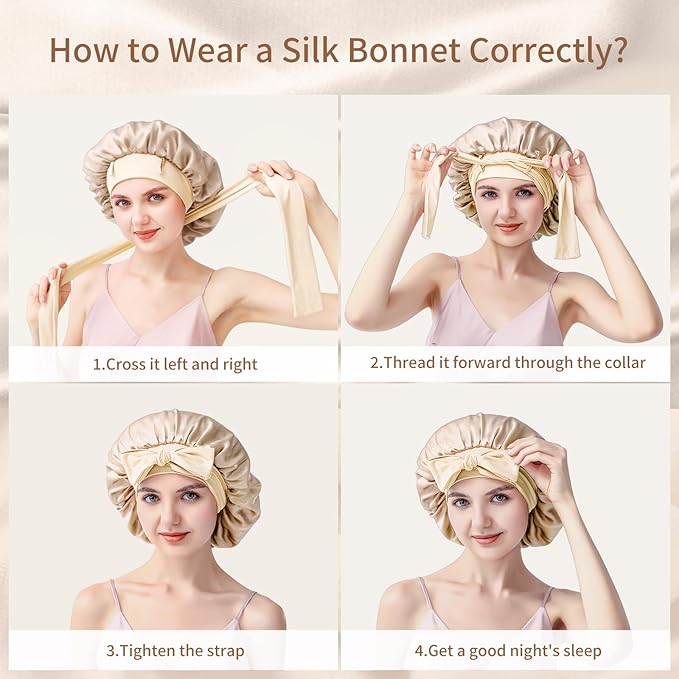 Silk Bonnet for Sleeping Women, 22 Momme 100% Mulberry Silk Sleep Cap, Double-Layer Reversible Silk Hair Wrap for Women & Night Hair Care, Fits All Hair Types - Champagne