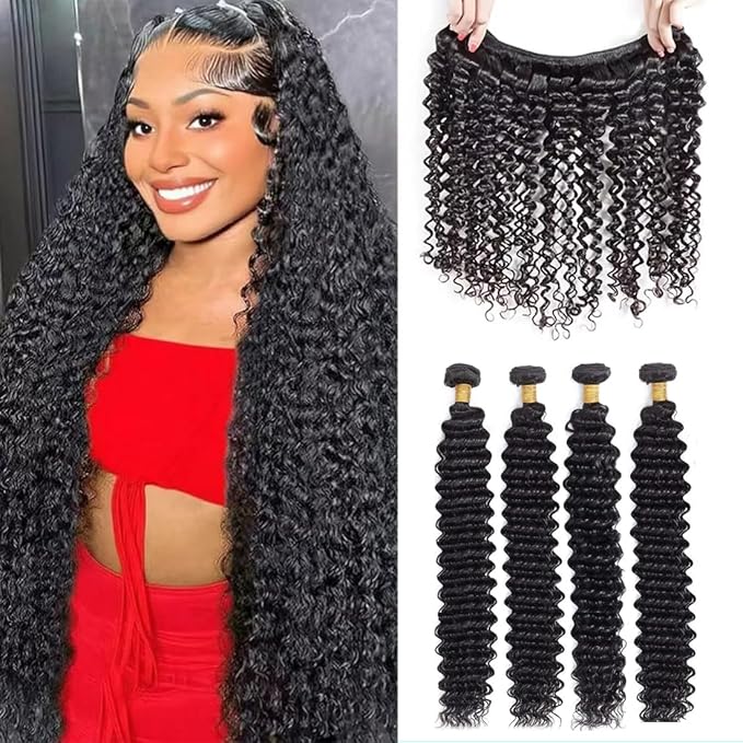 12A Human Hair Bundles Deep Wave 100% Unprocessed Brazilian Virgin Hair 4 Bundles Deep Curly Human Hair Extensions Quick Weave Human Hair (4 Bundlles Natural black, 16 18 20 22 Inch)