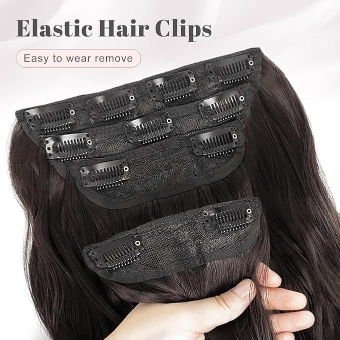 ALXNAN Clip in Long Wavy Synthetic Hair Extension 16 Inch Dark Brown 4PCS Thick Hairpieces Fiber Double Weft Hair for Women
