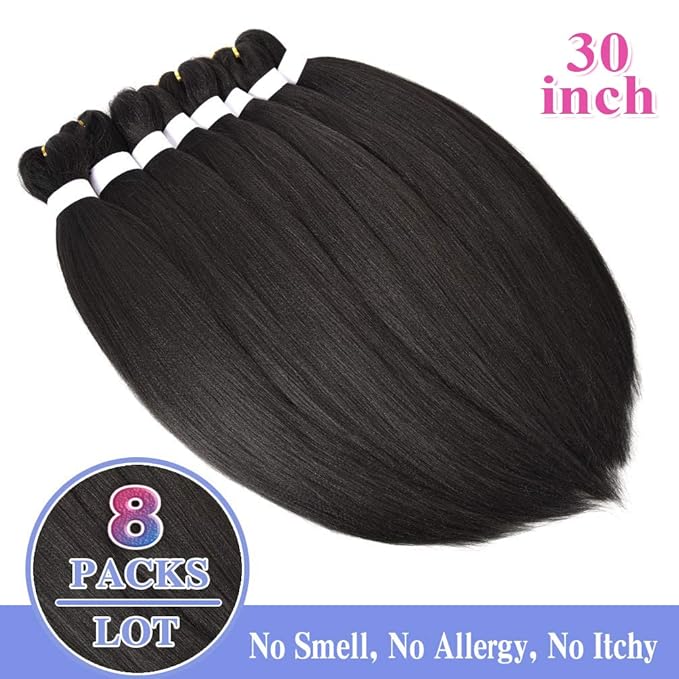 8 Pack Pre Stretched Braiding Hair - 30" 100G/Pack Premium Braiding Hair Pre Stretched Extensions, Professional Itch Free Hot Water Setting Perm Yaki Texture Prestretched Hair (#1B)