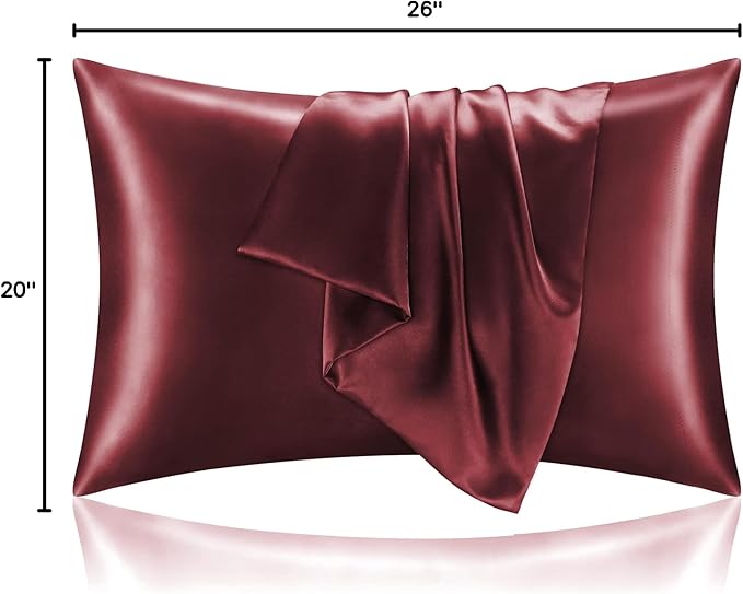 BEDELITE Satin Pillowcase for Hair and Skin, Super Soft and Cooling Similar to Silk Pillow Cases 2 Pack with Envelope Closure, Gift for Women Men(20"x26" Standard Size, Burgundy)