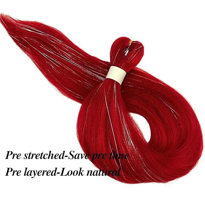Red Braiding Hair with Tinsel Pre Stretched Braiding Hair Pre Feathered Hair Extensions Yaki Texture Glitter Braids