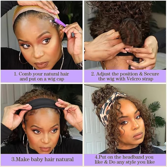 #4 Brown Headband Wig Human Hair 180% Density 100% Unprocessed Brazilian Virgin Hairs Machine Made Chocolate Brown Water Wave Headband Wig Human Hair For Woman 18 Inch