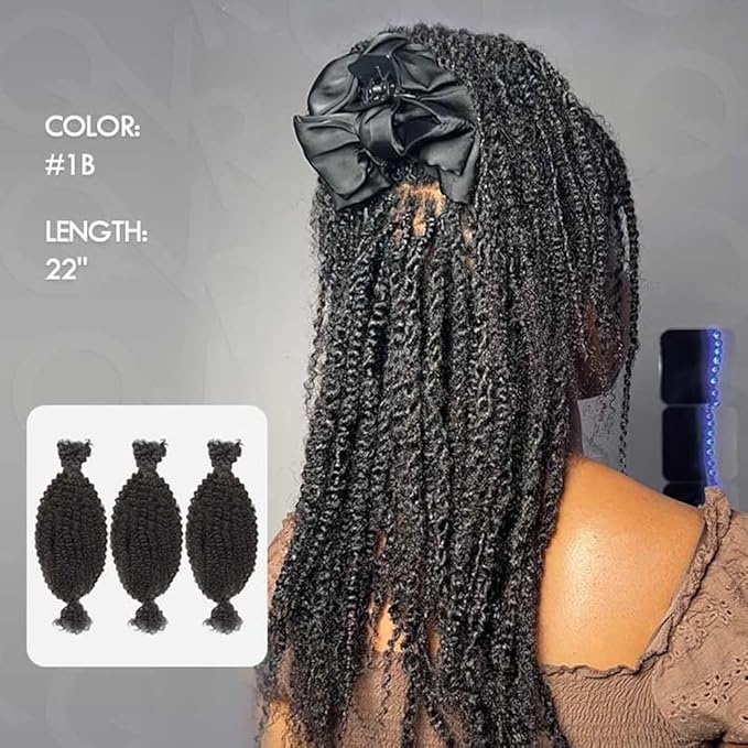 QVR Spring Twist Crochet Human Hair Afro Kinky Curly Braiding Hair Extension, QVR Upgraded Afro Kinkys Bulk Natural Black Hair 12 inch,50 Gram/Pack