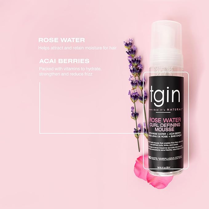 tgin Rose Water Curl Defining Mousse – Curly Hair Products with Lightweight Hold – Moisturizes and Defines Waves Without Crunch – Hair Mousse Without Paraben & Sulfate – 8 Fl Oz