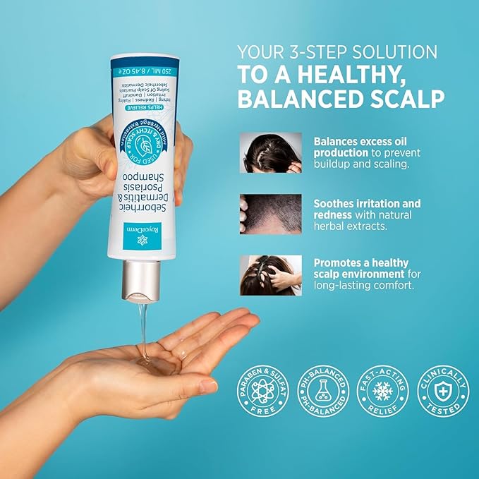 Roycederm Seborrheic Dermatitis & Psoriasis Shampoo with Scalp Massager Brush – Scalp Cleansing & Comfort Care Set for Dry, Itchy, Flaky Scalp, Dandruff & Buildup Support