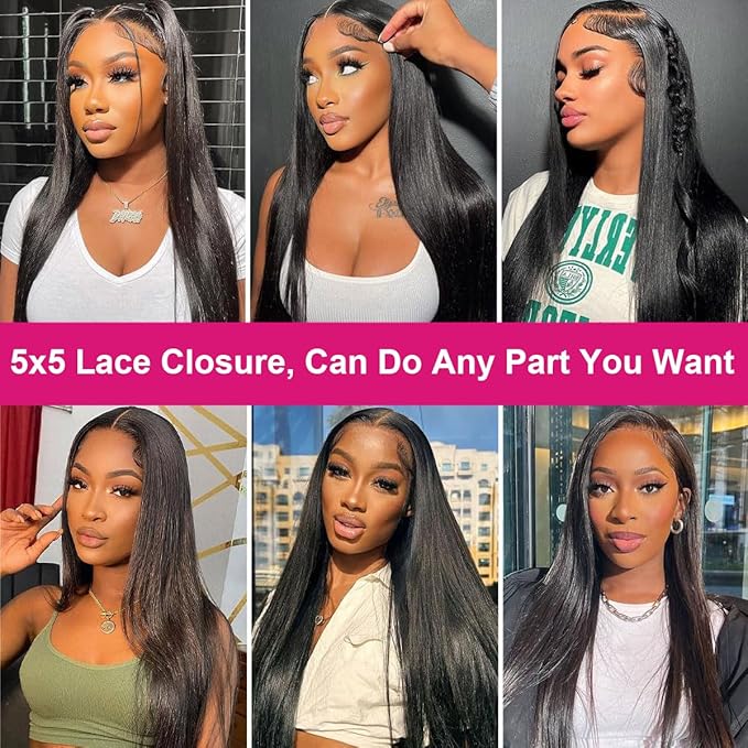 Silky Straight 5x5 Transparent Lace Closure Pre Plucked Invisible knots Lace Frontal Closure Brazilian Virgin Remy Human Hair Closure with Baby Hair Natural Black 12 Inch
