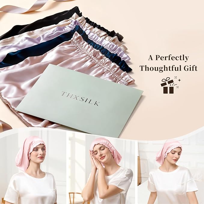 THXSILK 100% Mulberry Silk Bonnet for Sleeping Women, Silk Bonnet with Elastic Band, Hair Wrap Cap for Women Curly Hair, Pink