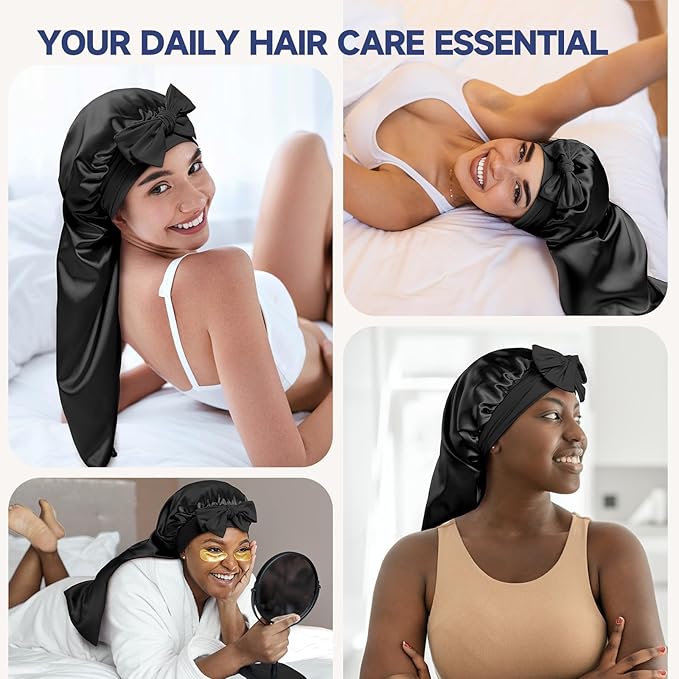 Umisleep Silk Bonnet for Sleeping Women, 22 Momme Mulberry Real Silk, Long Hair Bonnet for Braids & Curls to Reduce Frizz, Double Layer Hair Wrap with Soft Adjustable Tie Band, Black