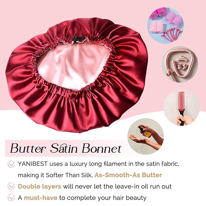 YANIBEST Adjustable Satin Bonnet Double Layer Hair Bonnet for Sleeping Bonnets for Women Hats Curly Natural Hair, Burgundy