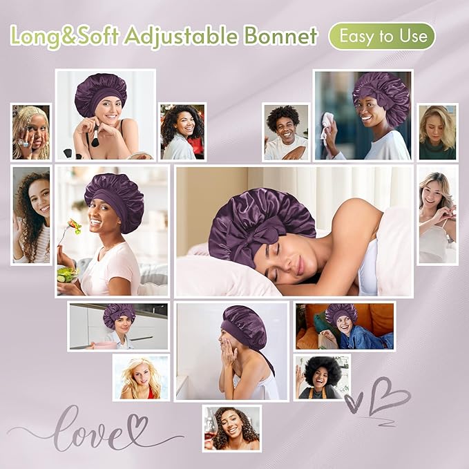 BONNET QUEEN Silk Bonnet for Sleeping Women Satin Bonnet Night Sleep Cap Wrap for Curly Hair with Adjustable Tie Band, Single Layer, Prune