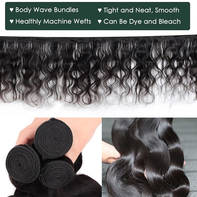 Bundles with Closure Brazilian Body Wave 3 Bundles with Closure Virgin 100% Unprocessed Human Hair Extensions 4x4 Free Part Lace Closure Natural Color (16 18 20+14)