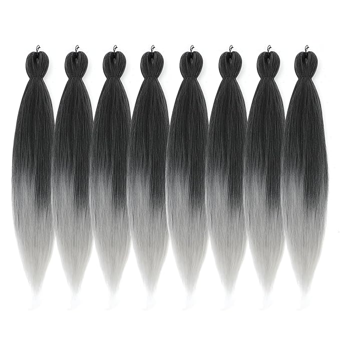 Pre-stretched Braiding Hair - 30 Inch 8 Packs Super Long Ombre Gray Braiding Hair For Twist or Box Braids, Yaki Texture Hot Water Setting Synthetic Braiding Hair (30 Inch, T-Gray-8P)