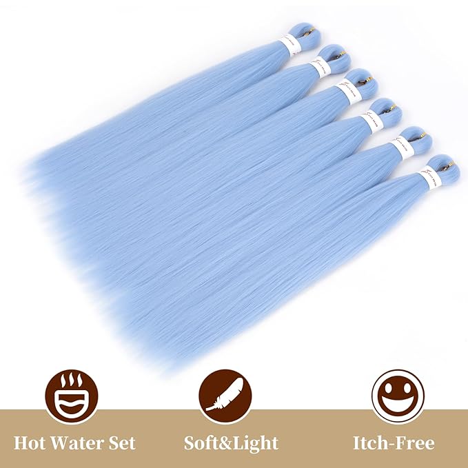 Sky Blue Braiding Hair Pre Stretched 24 Inch Braiding Hair 6 Packs Synthetic Fiber Crochet Hair Synthetic Crochet Braids(24Inch,Sky Blue#)