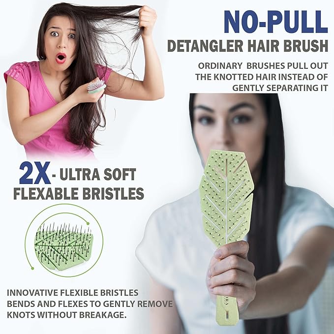 Fiora Naturals Hair Detangling Brush for Women - Detangler Hair Brush w/Flexible Soft Bristles- Gently Glides Through Tangles - Curly, Fine, Dry and Shower Wet HairBrush, cepillo para cabello - Green