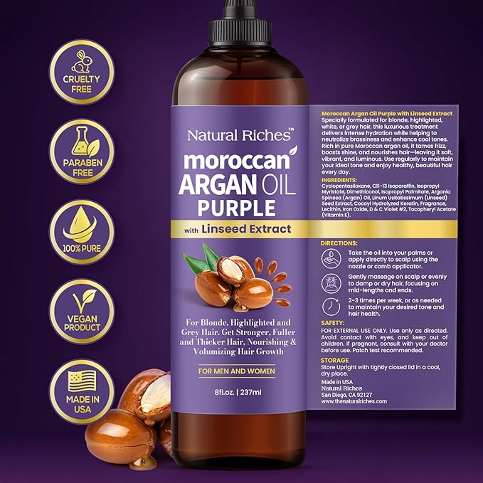 Natural Riches Purple Moroccan Argan Oil for Hair with Linseed Extract, Anti-Brass Formula for Blonde, Silver, Platinum & Grey Hair Neutralize Yellow Tone, Smooths Frizz & Restore Shine 8 fl oz