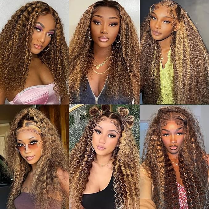 20Inch 13x4 Highlight Ombre Deep Wave Lace Front Wigs Human Hair Pre Plucked 4/27 Honey Blonde Deep Wave Human Hair Wigs for Women 250% Density