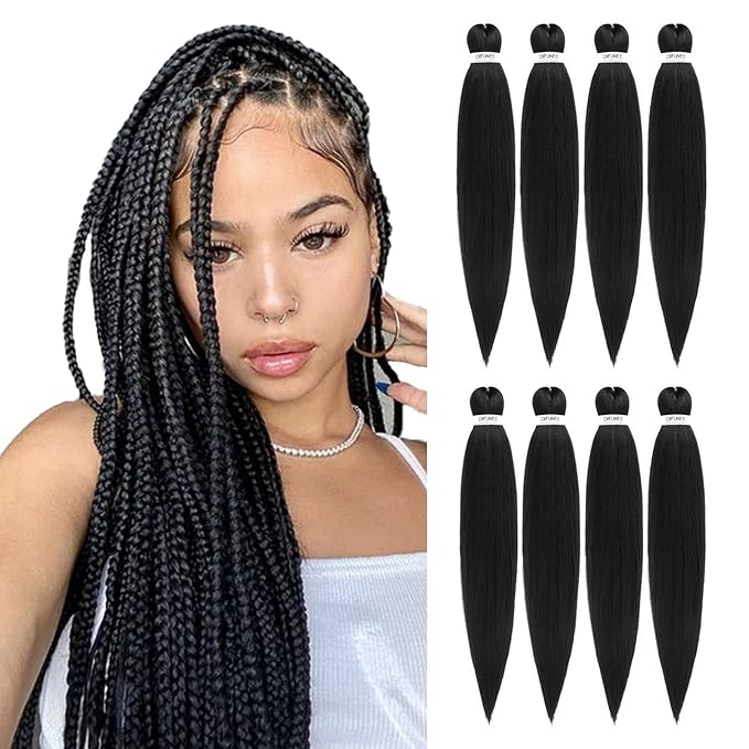 Pre-stretched Braiding Hair - 24 Inch 8 Packs Natural Black Long Braiding Hair For Twist or Box Braids, Yaki Texture Hot Water Setting Synthetic Crochet Hair Extensions (24 Inch, 1B-8P)