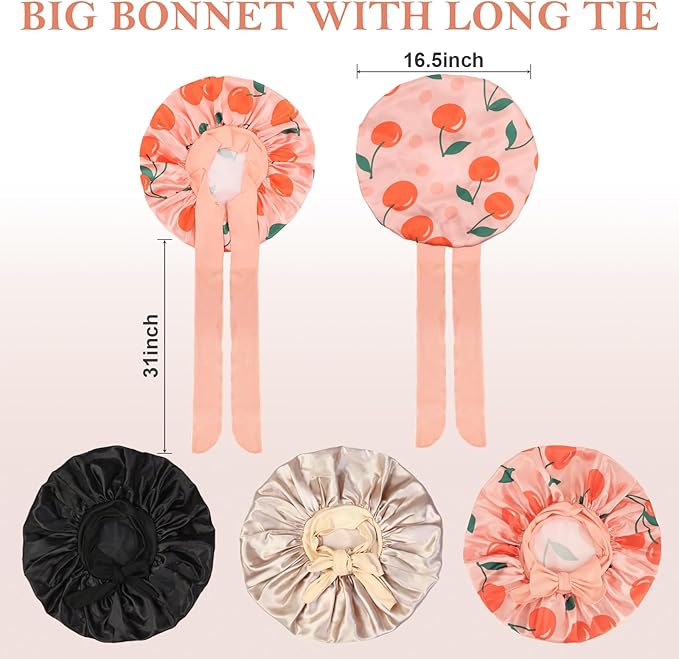 3Pcs Bonnets for Sleeping, Extra Satin Silk Bonnet for Sleeping Women with Tie Band for Curly Hair Jumbo Bonnet Braids