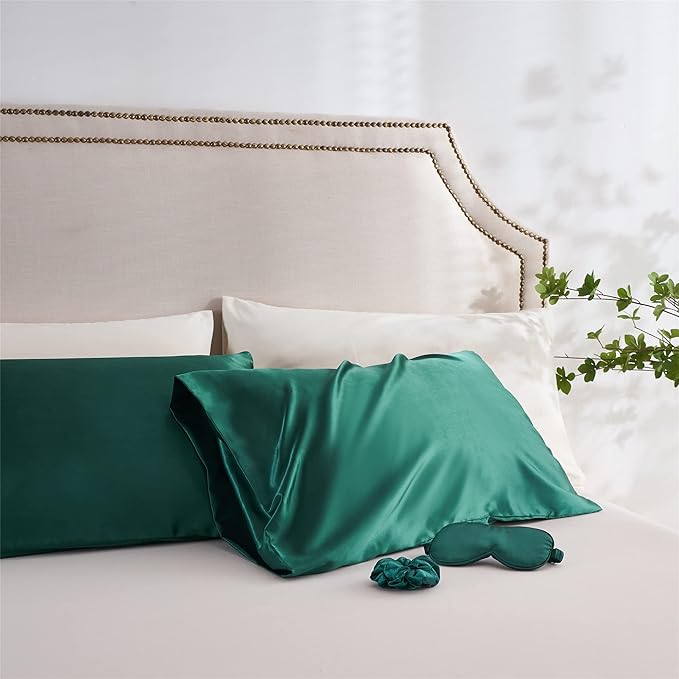 Satin Pillowcase for Hair and Skin, Vegan Silk Pillowcase Set-2 Satin Pillowcases, 1 Eye Mask, 1 Scrunchie-Luxury Sleep Set, Dark Green Pillow Cases Standard Size with Envelope Closure