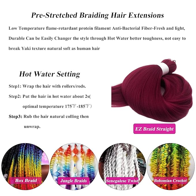 Red Burgundy Braiding Hair Pre Stretched Prestretched Braiding Hair 26 inch Kids Hypoallergenic Micro Synthetic Colored Hair Extensions for Braids
