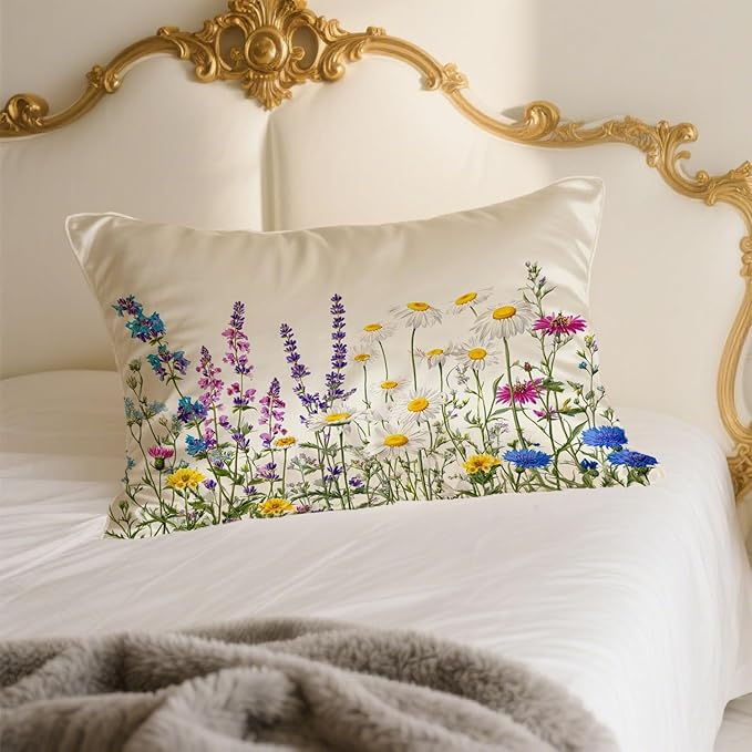 Silk Pillowcase for Hair and Skin Colorful Botanical Wildflowers Satin Pillowcase Standard Size with Zipper Silky Soft Cooling Satin Pillowcase Sleeping for Women 20"x26"