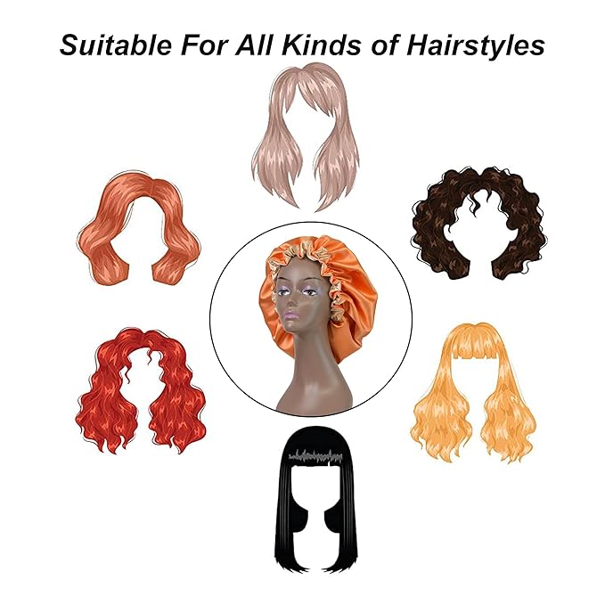 Silk Bonnet for Sleeping Satin Bonnets Double Layer Reversible Hair Cap Bonnet for Women Long Curly Braid Hair (Tangerine)