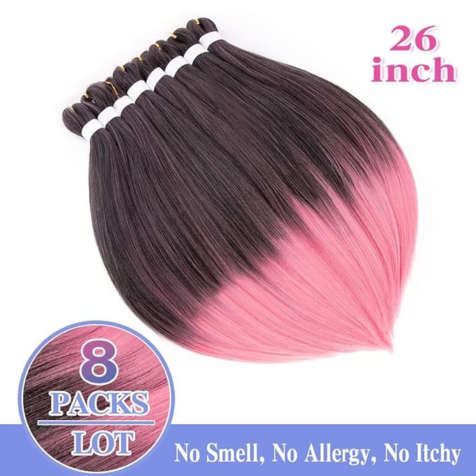 8 Pack Ombre Braiding Hair Pre Stretched - 26" 100G/Pack Premium Pre Stretched Braiding Hair Extensions, Professional Itch Free Hot Water Setting Perm Yaki Texture Prestretched Hair(1Bpink)