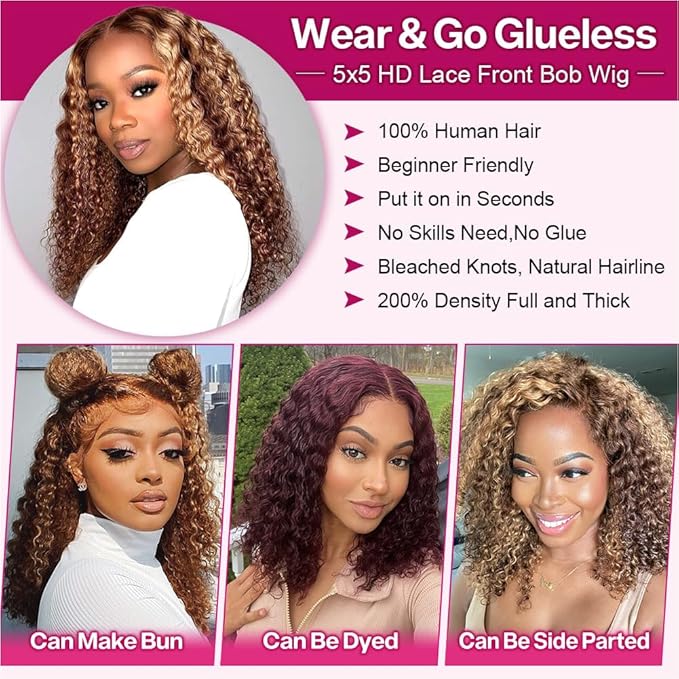 Curly Bob Wig Human Hair Deep Wave Glueless Wigs Human Hair Pre Plucked Pre Cut 5x5 Wear And Go HD Lace Closure Wigs Human Hair For Black Women 200% Density Highlight Color 18 Inch