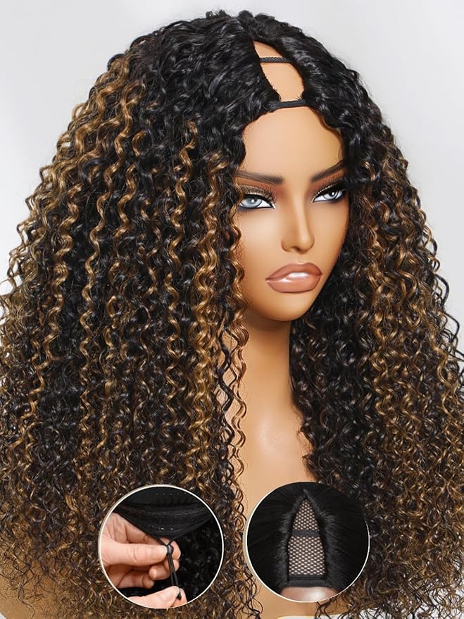 Julia Hair Highlight V Part Curly Wigs with Drawstring Balayage Brown Clip-In Half Wigs EasiContour Upgraded U Part Jerry Curly Glueless Human Hair Wig Beginner-Friendly Ready to Go 26 Inch