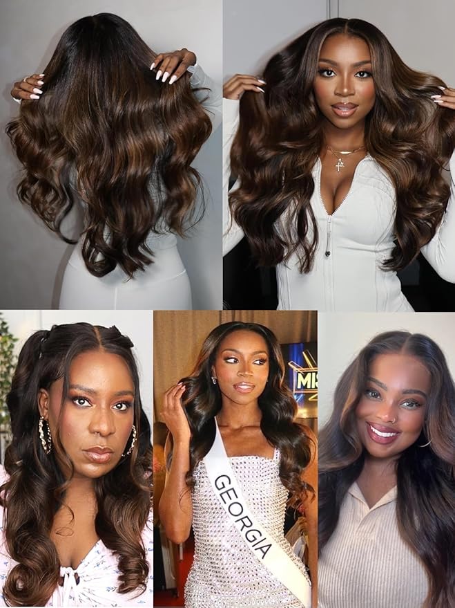 Julia Hair 12A Ombre Highlight V Part Wig Body Wave Human Hair Wigs Upgrade U Part Shadow Root Balayage Glueless Virgin Hair Clip in Half Wig No Gel No Leave Out No Sew-in Beginner Friendly 18 Inch