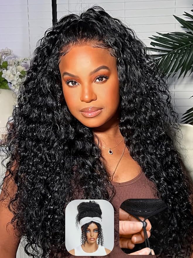 Julia Hair Glueless Half Drawstring Wig Human Hair Water Wave Blend Secure Wear and Go 12A Clip in Half Wig Wear with or Without Headband Wigs Human Hair for Women Beginner Friendly 18 Inch