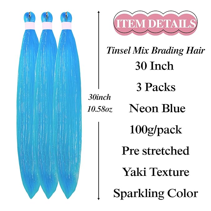 Tinsel Braiding Hair Pre stretched Neon Blue Braiding Hair for Glitter Braids Festival Cosplay Braids