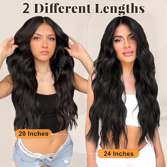ALXNAN Clip in Long Wavy Synthetic Hair Extension 24 Inch Black Brown 4PCS Thick Hairpieces Fiber Double Weft Hair for Women