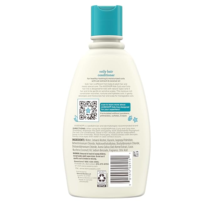 Aveeno Kids Coily Hair Conditioner with Oat Extract & Coconut Oil, Coily Hair Conditioner for Toddlers Detangles & Moisturizes Coils for Healthy-Looking Hair, Hypoallergenic, 12 fl. oz