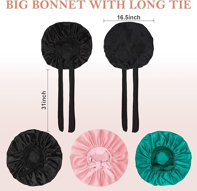 3Pcs Bonnets for Sleeping, Extra Satin Silk Bonnet for Sleeping Women with Tie Band for Curly Hair Jumbo Bonnet Braids