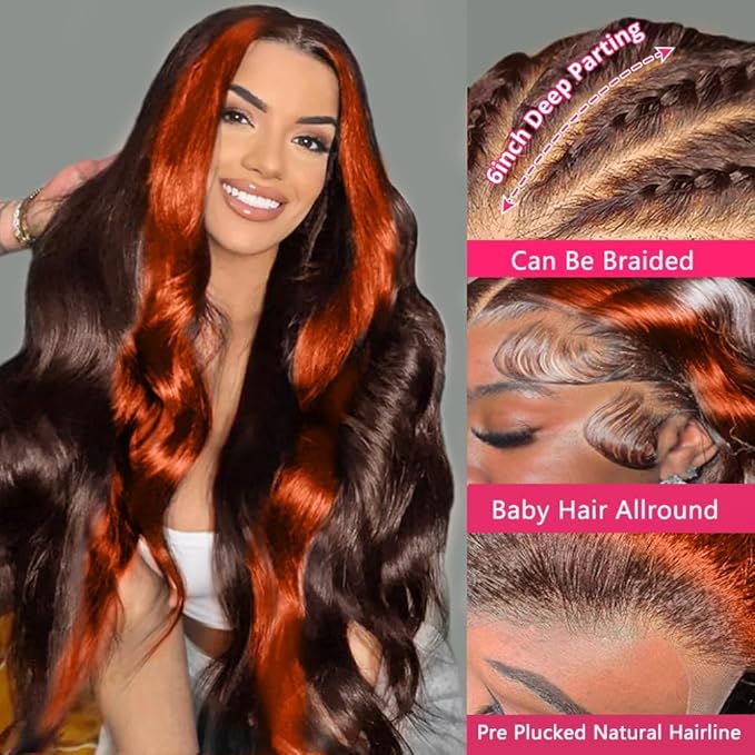 200% Density 13X6 Ginger Lace Front Wigs Human Hair Pre Plucked for Women Ombre 13X6 HD Transparent Ginger Orange Lace Front Wigs Human Hair Glueless Ginger Colored Wigs Human Hair (32Inch)
